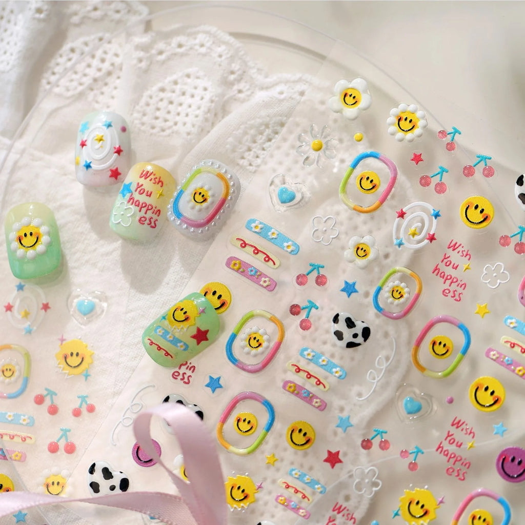 5D Nail Stickers – Smile Face, Cow Print & Daisy Decals Nail Art Stickers QXL