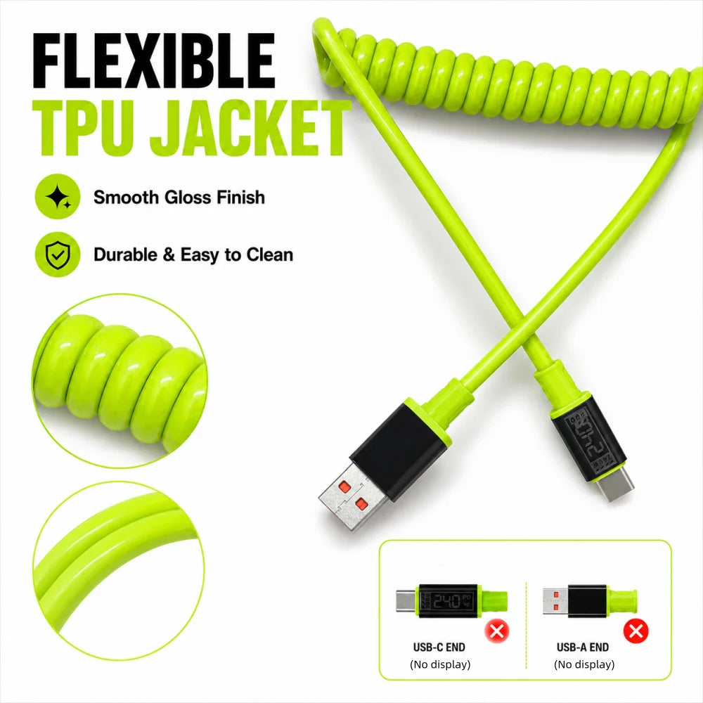 240W USB-C Retractable Fast Charging Cable – Spring Coil USB-C Charging Cable QXL