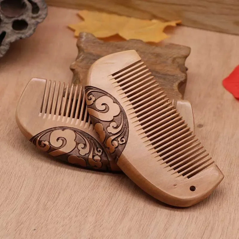 Carved Peach Wood Hair & Beard Comb | Small 10–15cm Wooden Hair Comb QXL