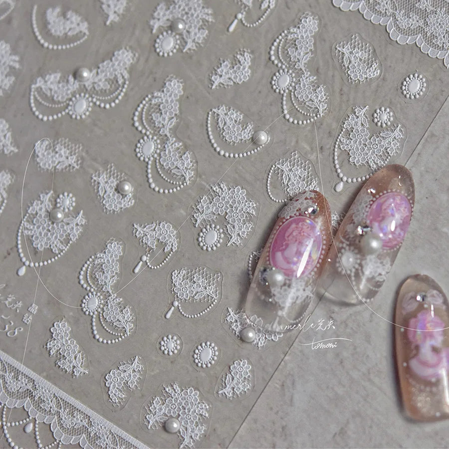 5D Lace Flower Nail Stickers | Crystal Diamond Pearl Decals Nail Art Stickers QXL