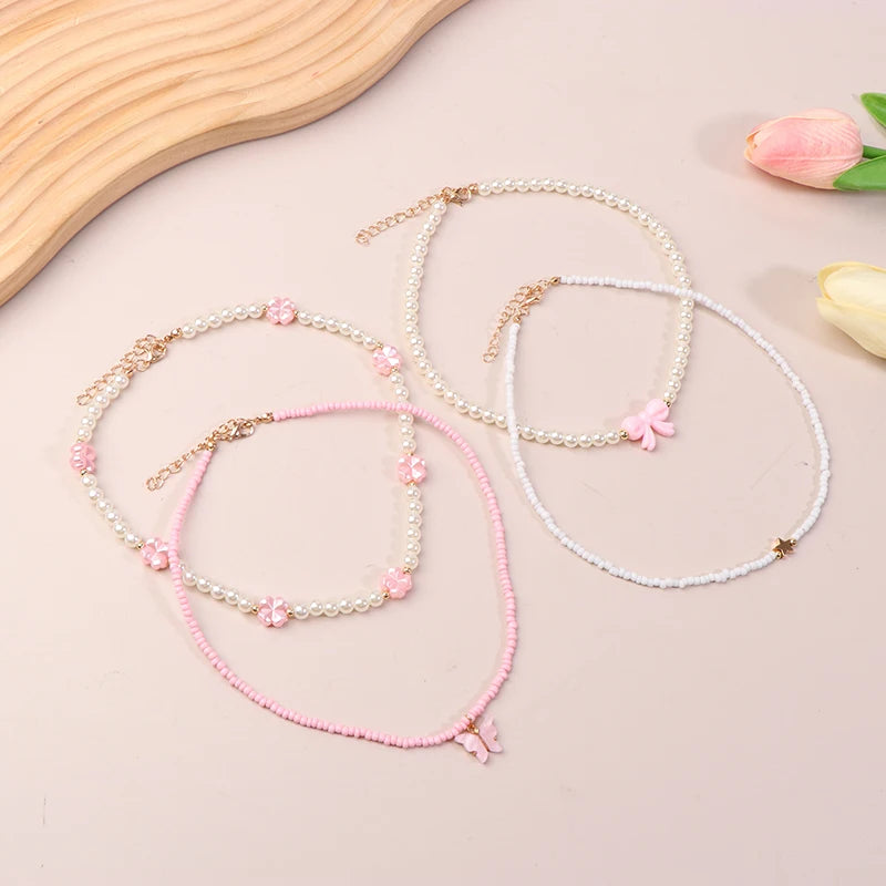 4-Pack Kids Butterfly & Pearl Beaded Necklace Set | Gift Kids Pendant Necklace QXL