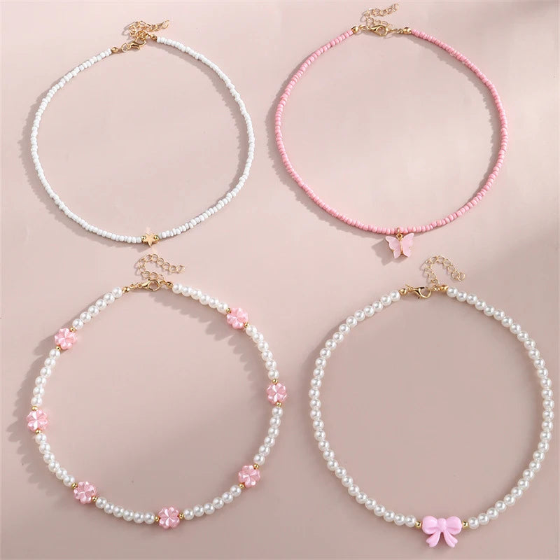 4-Pack Kids Butterfly & Pearl Beaded Necklace Set | Gift Kids Pendant Necklace QXL