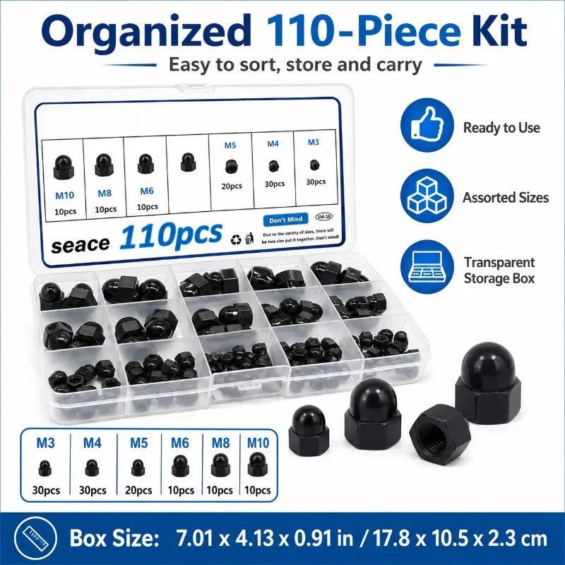 110-Pc Nylon Acorn Cap Nuts M3–M10 PA66 Black Kit + Storage Box Acorn Cap Nut Kit QXL