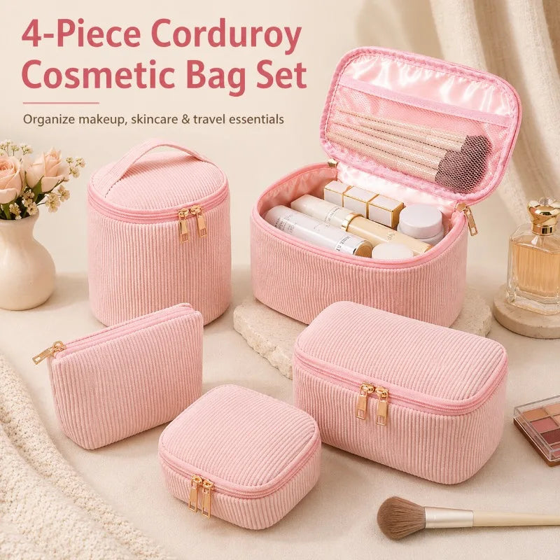 4-Piece Corduroy Cosmetic Bag Set | Travel Makeup Organizer Cosmetic Bag Set QXL