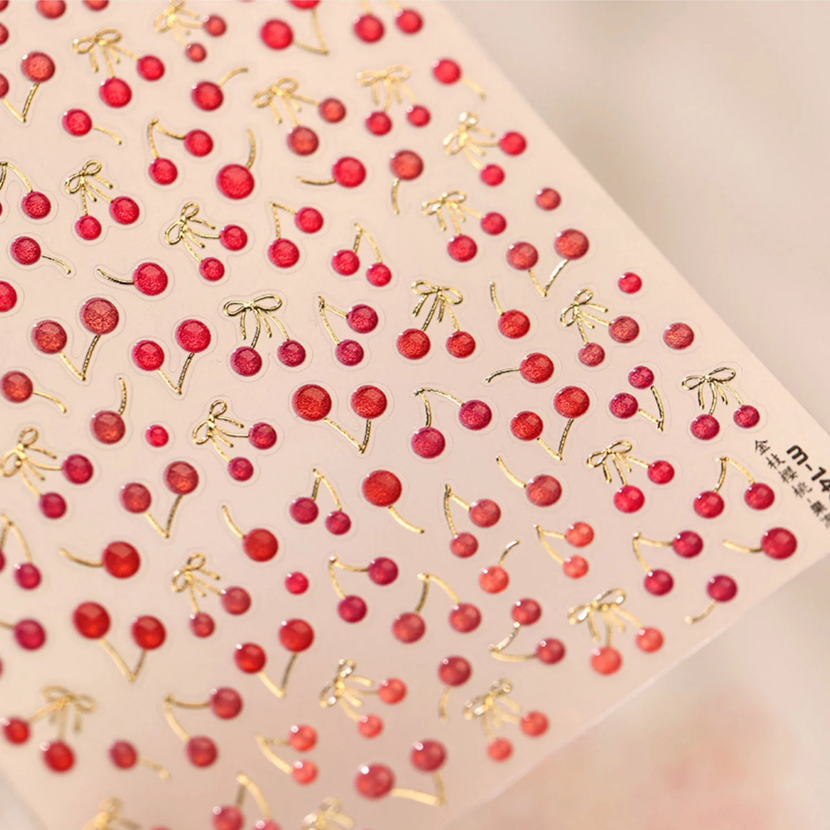 5D Vintage French Nail Stickers | Gold Cherry Bow Decals Nail Art Stickers QXL