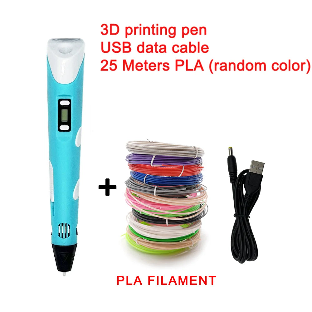 3D Printing Pen LED Display & 25M PLA Filament | Kids DIY Gift 3D Drawing Pen QXL blue 25M PLA 25 Meter PLA Filagment