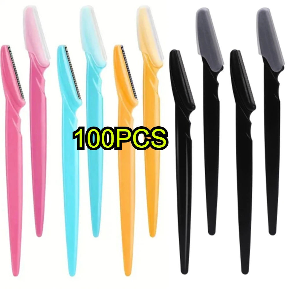 100-Pack Eyebrow & Face Razors with Covers | Unisex Trimmer Eyebrow Face Razor QXL Random color 100Pcs