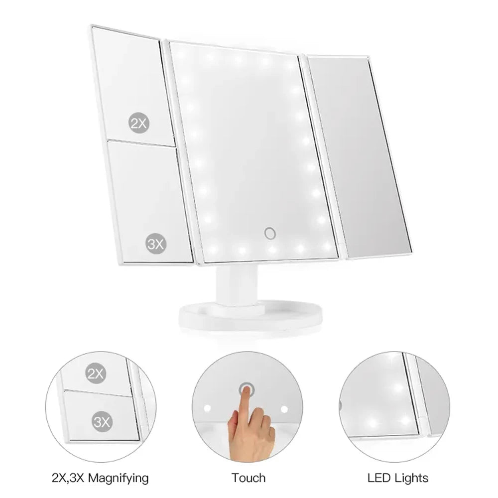 Lighted Trifold Makeup Mirror 1X 2X 3X Magnification Touch Lighted Vanity Mirror QXL
