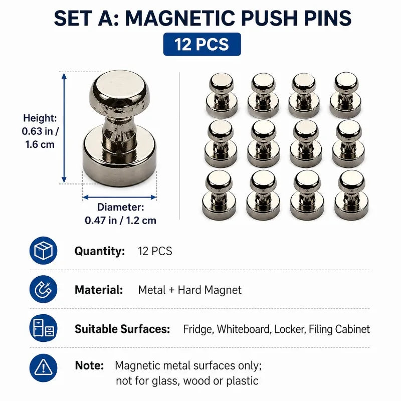 12-Pack Metal Magnetic Push Pins | Silver Fridge & Board Magnets Magnetic Push Pins QXL