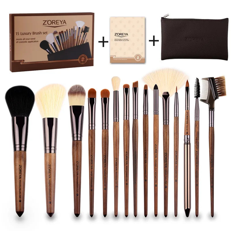 Zoreya 15-Piece Nylon Makeup Brush Set | Wood Handles Makeup Brush Set QXL