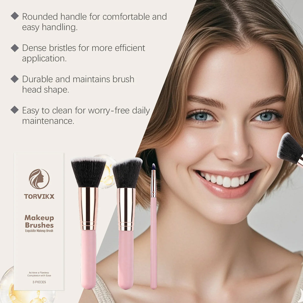 Torvikx 3-Pc Compact Makeup Brush Set | Soft Dense Bristles Makeup Brush Set QXL