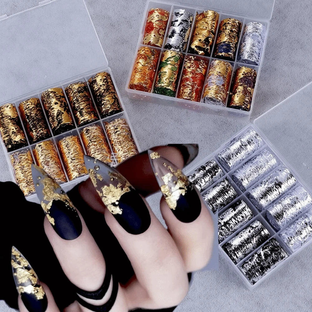 10-Roll Nail Foil Stickers | Gold Silver Floral Chameleon Decals Nail Foil Stickers QXL