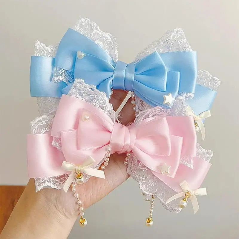 Lolita Pink Bow Hair Clip | Lace Pearl Princess Headpiece Lolita Hair Clip QXL