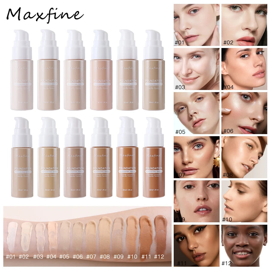MAXFINE 12-Shade Full Coverage HD Liquid Foundation 30ml Liquid Foundation QXL
