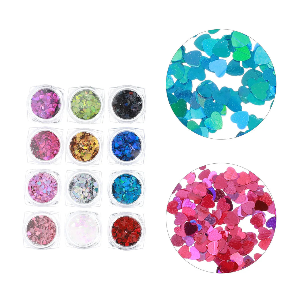 Heart Shaped Holographic Nail Sequins & Glitter Set – 12 Boxes Nail Art Sequins QXL