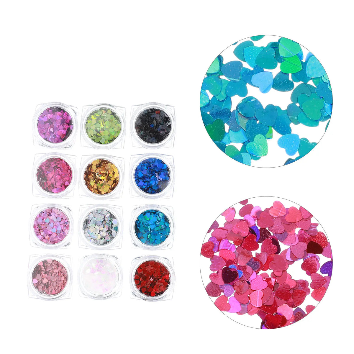 Heart Shaped Holographic Nail Sequins & Glitter Set – 12 Boxes Nail Art Sequins QXL