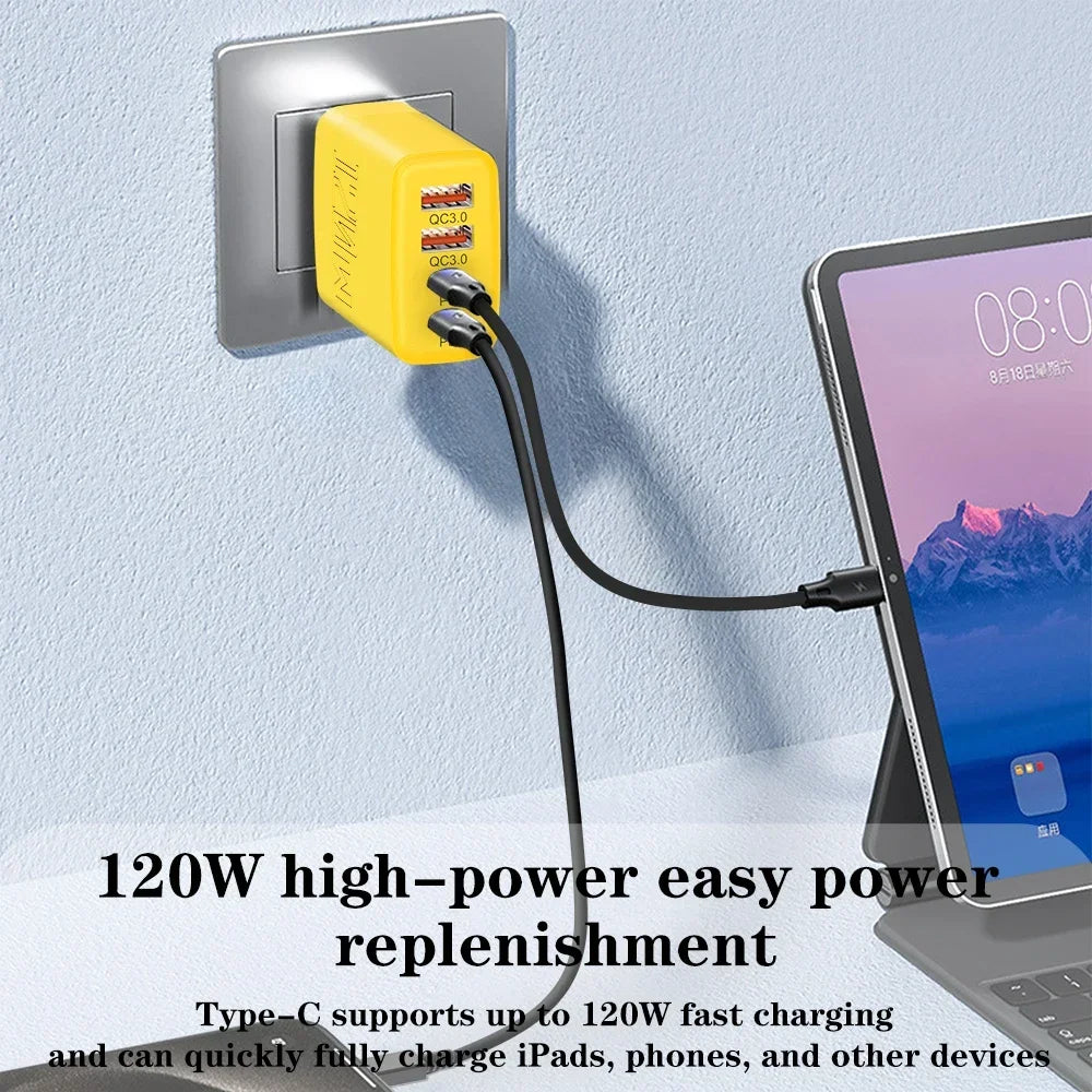 120W 4-Port USB-C PD & QC3.0 Fast Wall Charger Adapter Multi-Port Wall Charger QXL