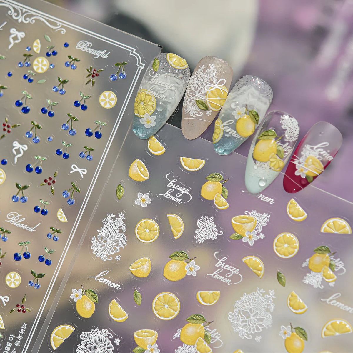 5D Lemon & White Flower Nail Stickers | Self-Adhesive Decals Nail Art Stickers QXL