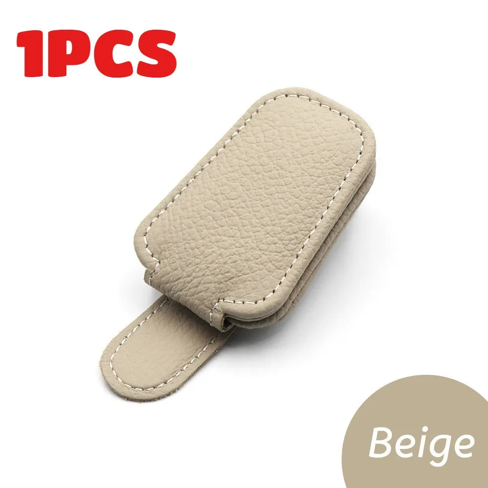 Magnetic Car Sun Visor Sunglasses Holder | PU Leather Clip Car Visor Organizer QXL Beige