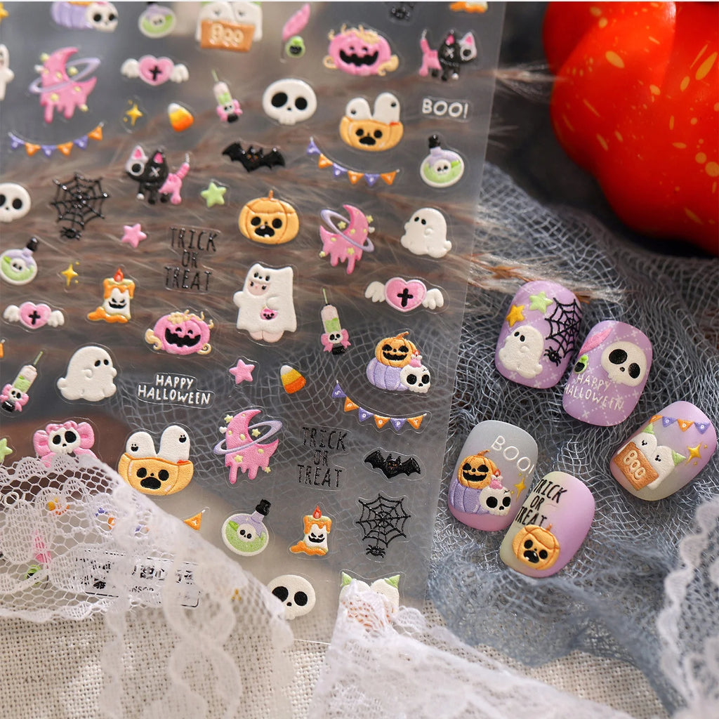 Halloween 5D Nail Stickers – Ghost Pumpkin Bat Spider Web Decals Nail Art Stickers QXL