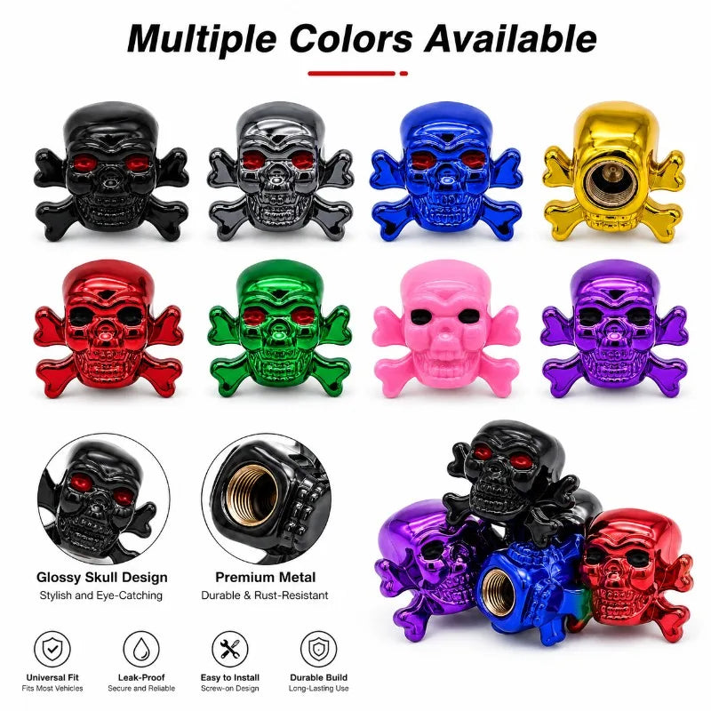 4-Pack Skull Tire Valve Caps | Metal Schrader 8V1 Thread Tire Valve Caps QXL