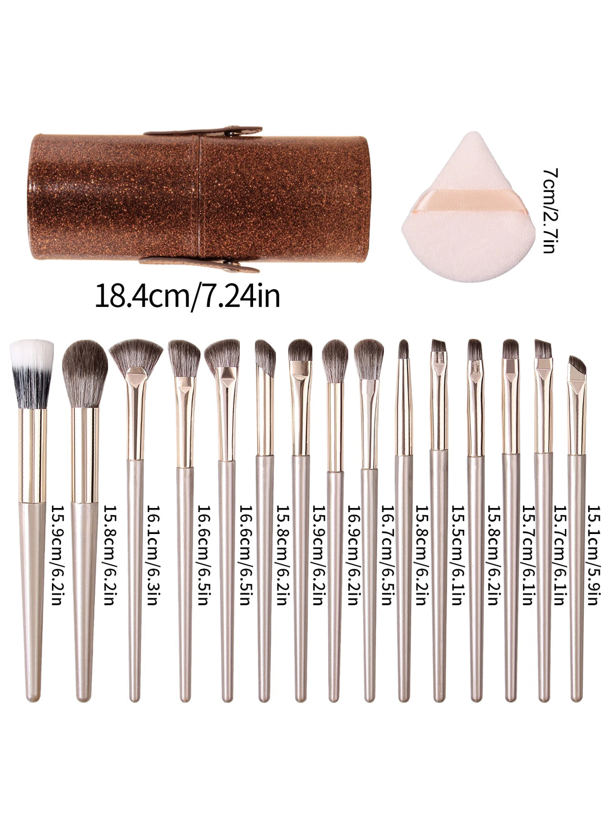 18-Pc Champagne Makeup Brush Set | Glitter Case & Powder Puffs Makeup Brush Set QXL