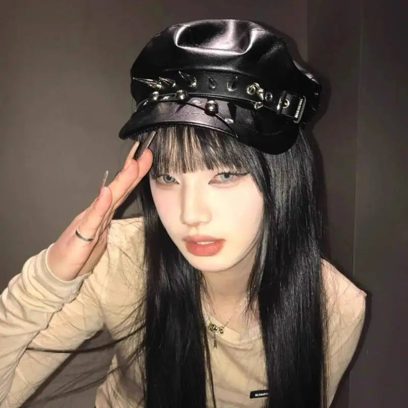 Vintage Rivet Leather Beret | Y2K Gothic Lolita Newsboy Cap Faux Leather Beret QXL