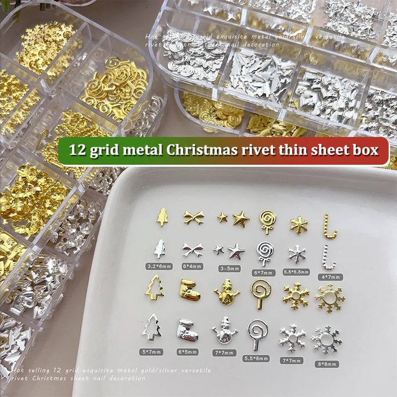 Christmas Nail Art Charms 12-Grid | Metal Xmas Sequins Set Nail Art Charms QXL
