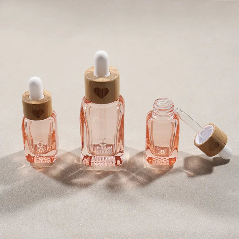 Pink Square Glass Dropper Bottle 10ml 30ml | Bamboo Cap Serum Glass Dropper Bottle QXL