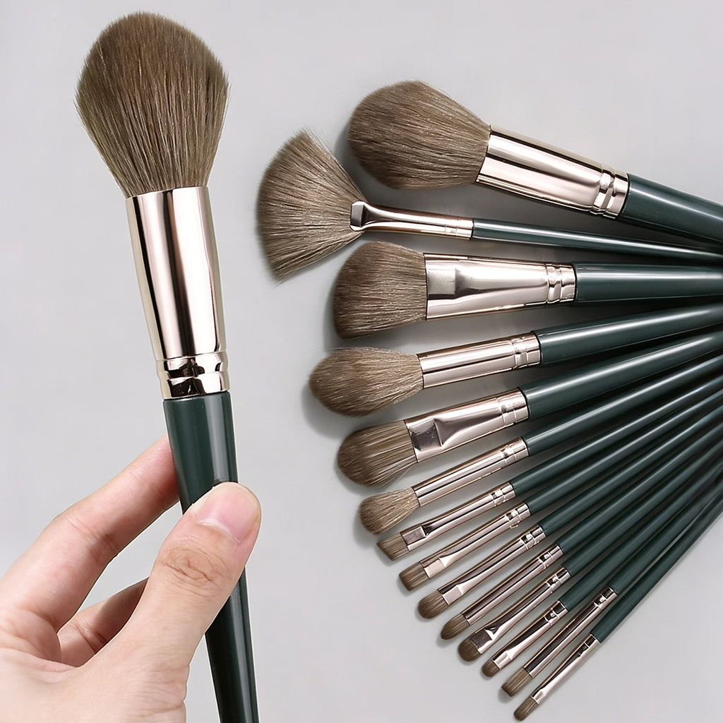 19-Pc Makeup Brush Set with Sponge & Puff | Dark Green Kit Makeup Brush Set QXL