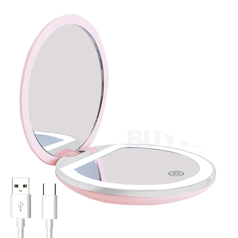 Foldable LED Makeup Mirror | USB Rechargeable Touch Screen LED Makeup Mirror QXL Pink