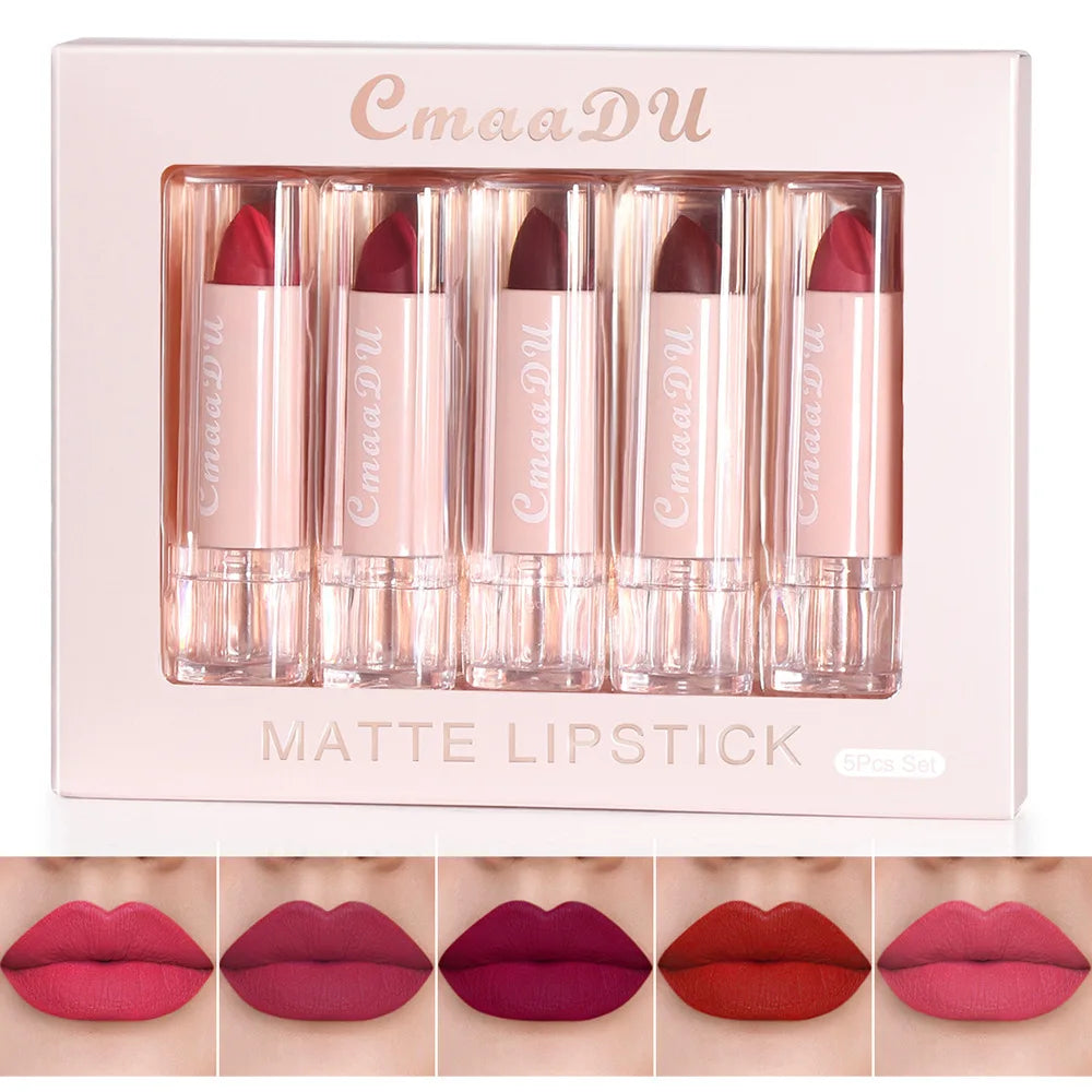 CmaaDu 5-Pc Matte Lipstick Set | Waterproof Long-Lasting Nudes Matte Lipstick Set QXL 02 Full Size