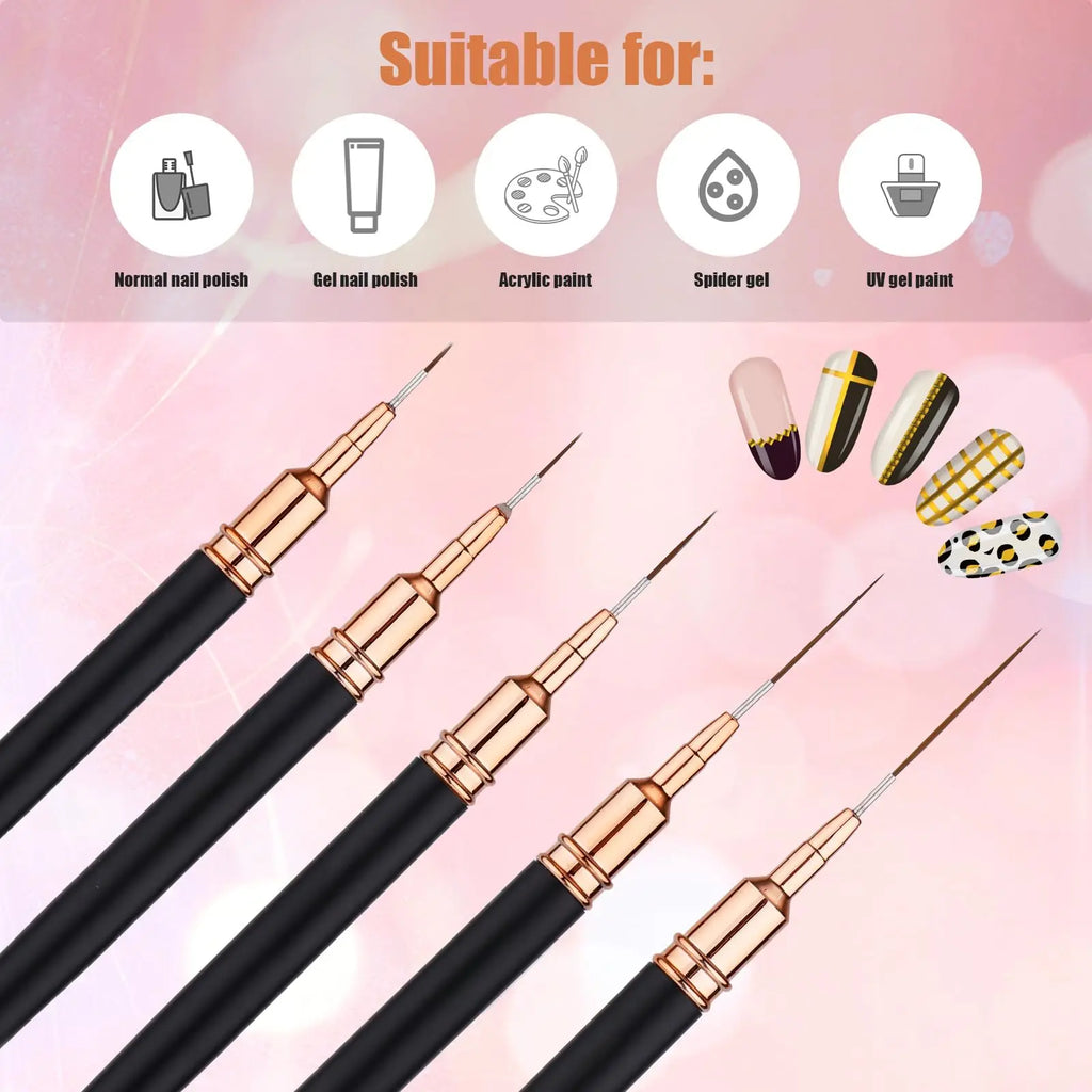 5-Piece Nail Art Liner Brush Set | Fine Line & Stripe Detail Nail Art Brushes QXL