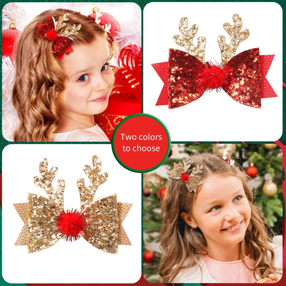 Girls Sequin Bow & Antler Hair Clips | Christmas Party Set Kids Hair Clips QXL