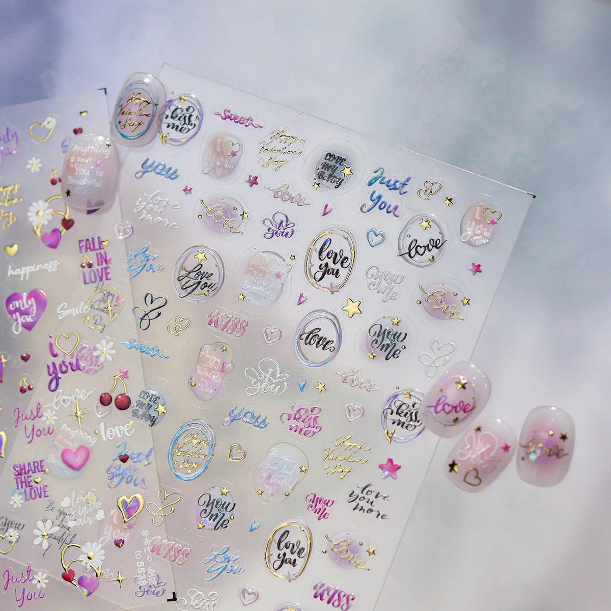 5D Holographic Laser Nail Stickers | Heart Star Cursive Decals Nail Art Stickers QXL
