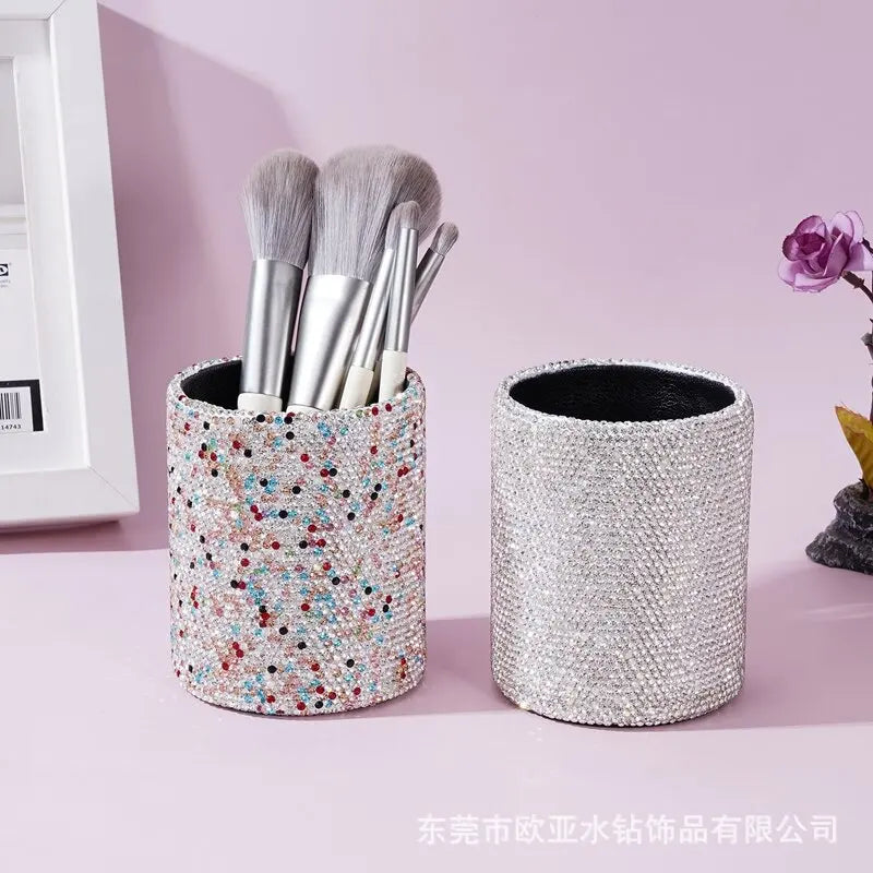 Diamond-Encrusted Round Makeup Brush Holder & Desk Organizer Desk Storage Organizer QXL