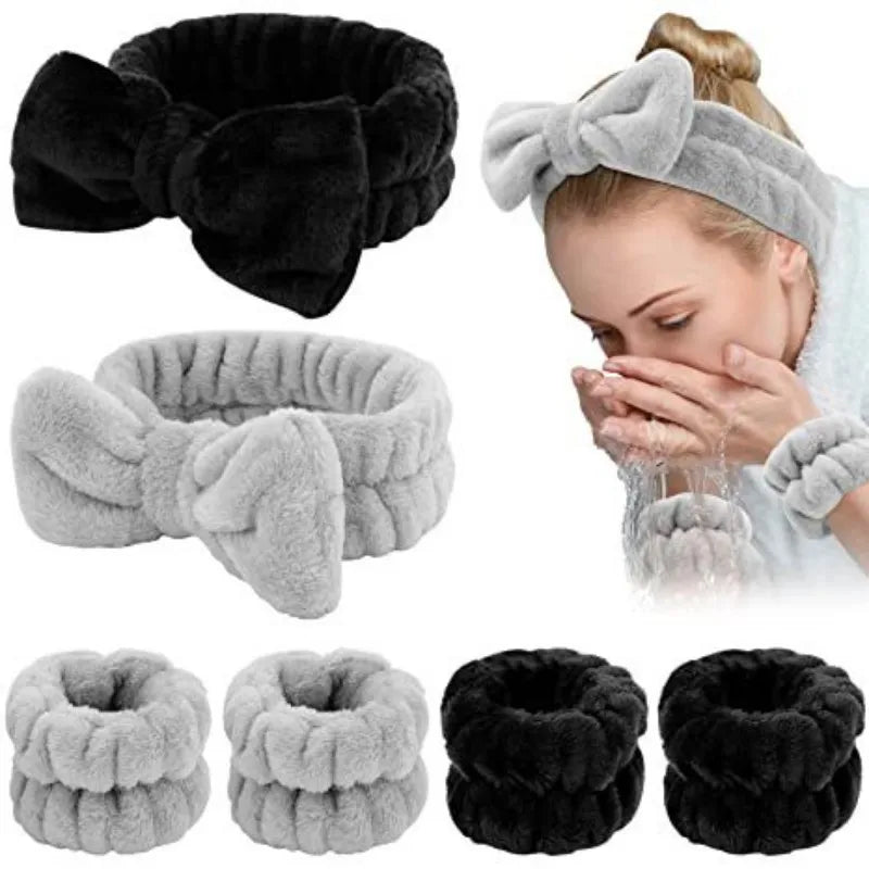 3-Piece Skincare Headband & Wristband Set | Bow Hair Band Skincare Headband Set QXL