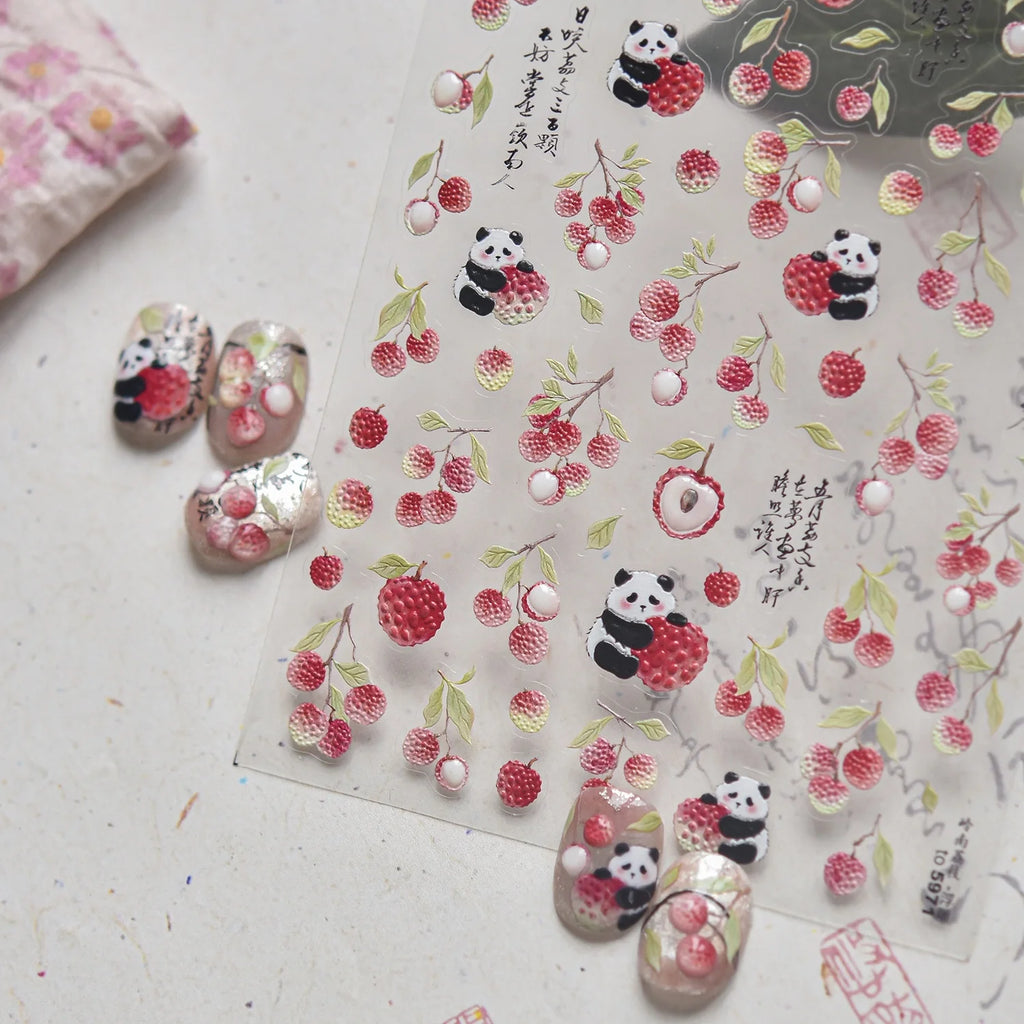 5D Embossed Nail Stickers – Panda, Litchi & Spring Decals Nail Art Stickers QXL