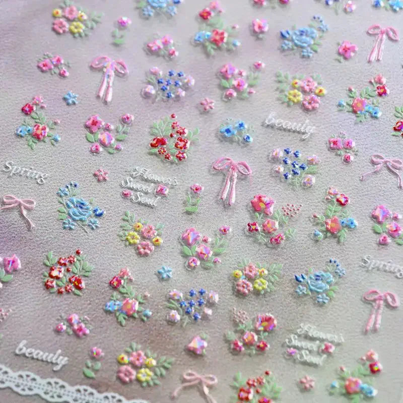 3D Spring Flower & Bow Nail Stickers | Rose Bouquet Decals Nail Art Stickers QXL