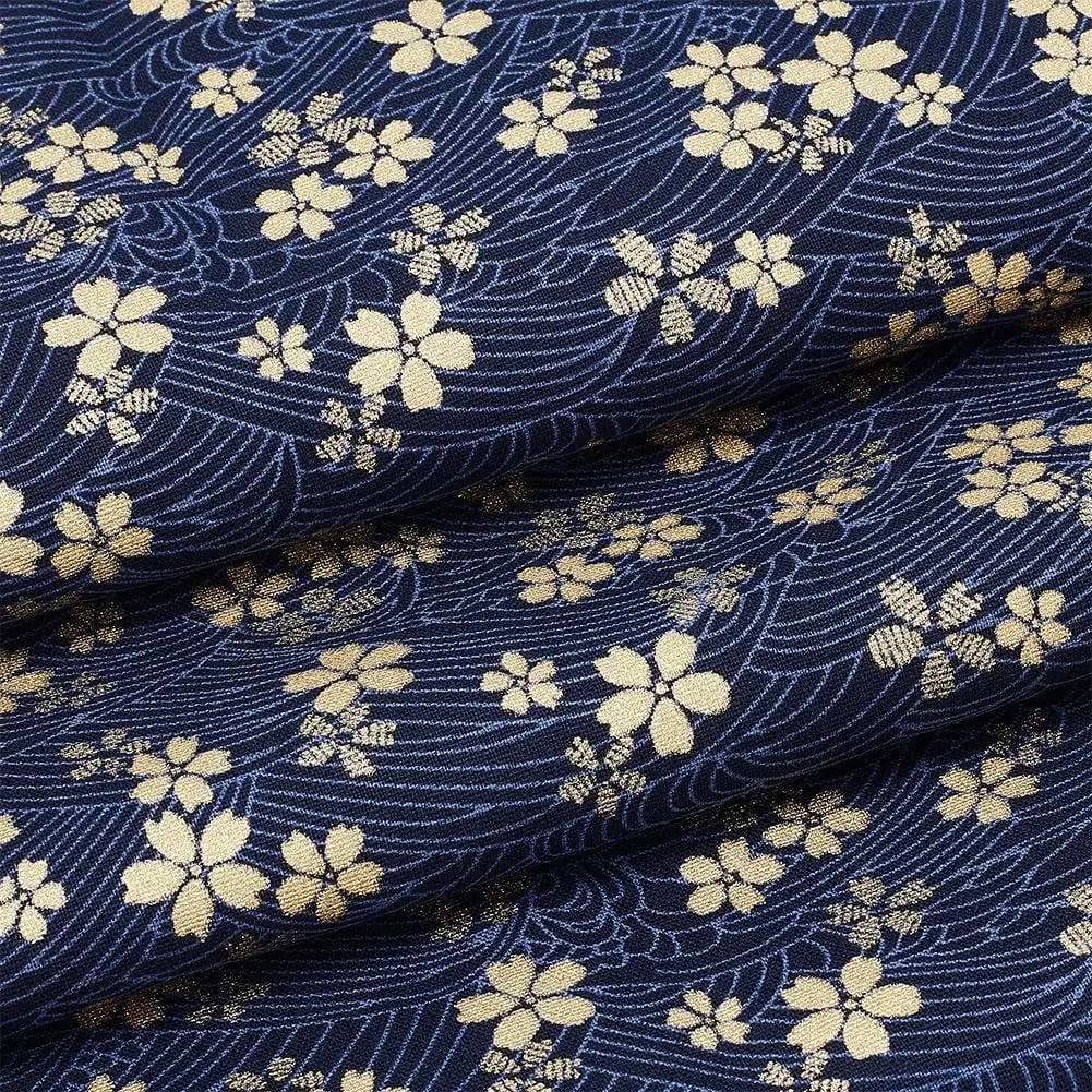 Blue Sakura Quilting Fabric 1 Yard | Gold Cherry Blossom Print Quilting Fabric QXL AECH04-13692