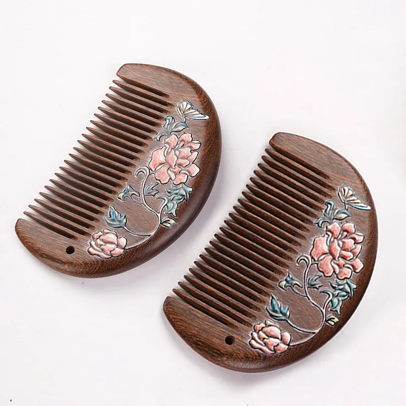 Handmade Sandalwood Hair Comb | Painted Floral Wood Comb Wooden Hair Comb QXL