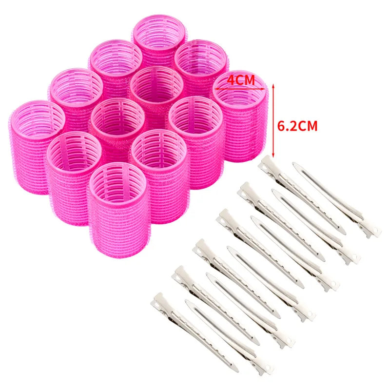 24-Pc Self-Adhesive Hair Curling Rollers & Clips Set Hair Curling Rollers QXL pink
