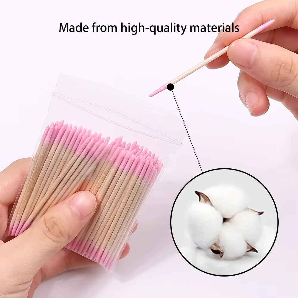 100-Pack Double-Ended Wooden Cotton Swabs – Nail & Lash Disposable Cotton Swabs QXL