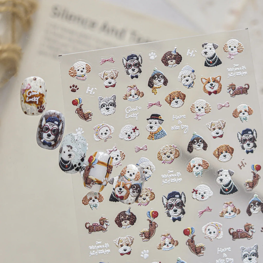 5D Dog Nail Stickers – Schnauzer Shiba Vintage Embroidery Nail Art Stickers QXL
