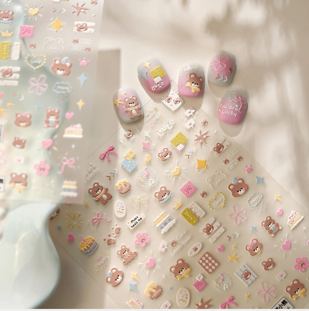 5D Embossed Nail Stickers – Bear, Cake & Heart Decals DIY Nail Art Stickers QXL