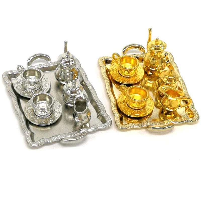 10-Pc 1:12 Dollhouse Miniature Metal Tea Cup & Plate Set Dollhouse Miniature Set QXL