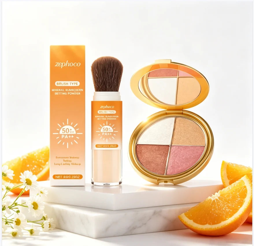 Sunscreen Setting Powder & 4-Color Shimmer Highlight Palette Setting Powder Palette QXL