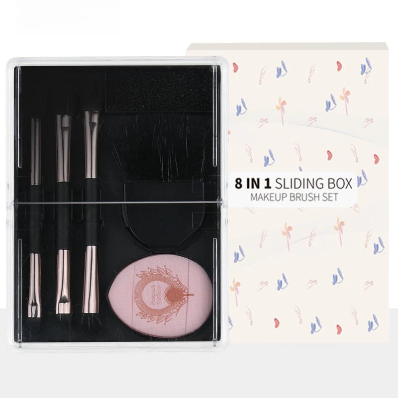 8-in-1 Portable Makeup Brush Set with Sliding Storage Box Makeup Brush Set QXL black