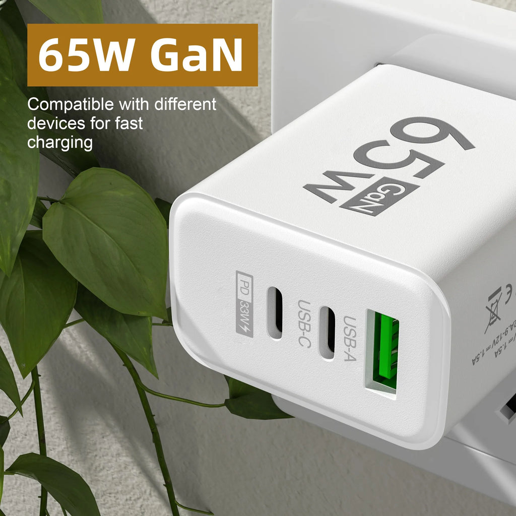 65W GaN 3-Port Fast Charger USB-C PD3.0 QC3.0 EU/US/KR GaN Wall Charger QXL