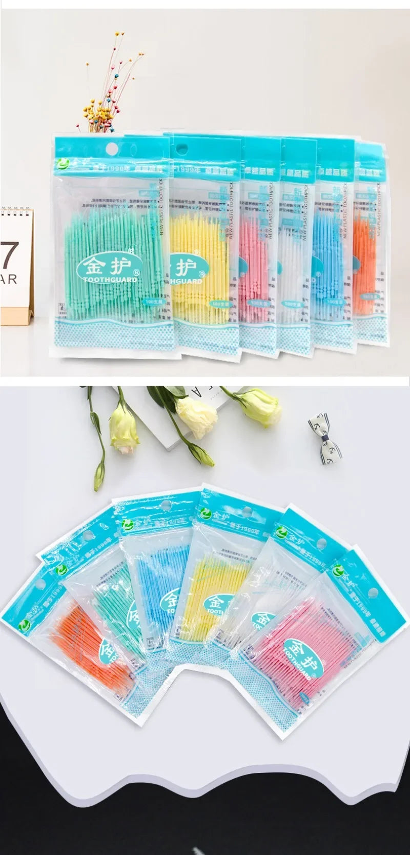 100-Pack Double-Head Interdental Floss Pick & Toothpick Brush Interdental Floss Pick QXL